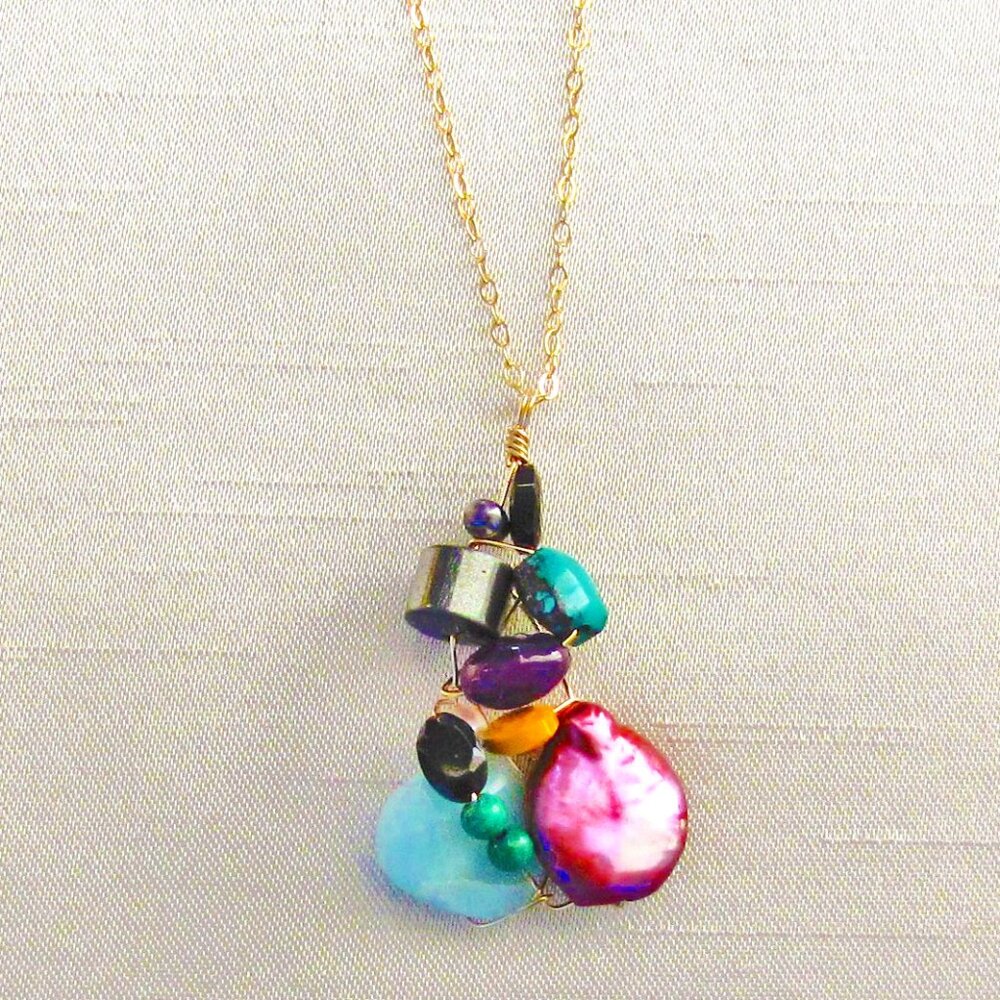 NWT 18" OOAK, 14KT GF Assorted Gemstones Cluster Pendant Necklace Jewelry